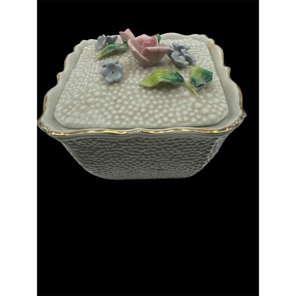 Vintage White Hobnail Container Pink Roses and Blue Forgot Me Nots Japan